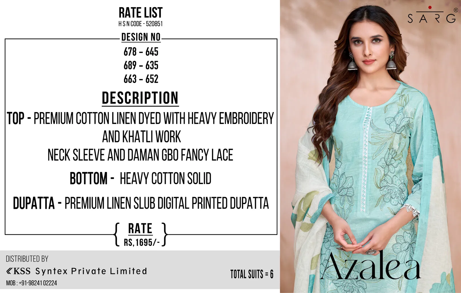 Azalea By Sahiba Premium Cotton Linen Dved With Heavy Embroidery Dress Material Online Wholesale